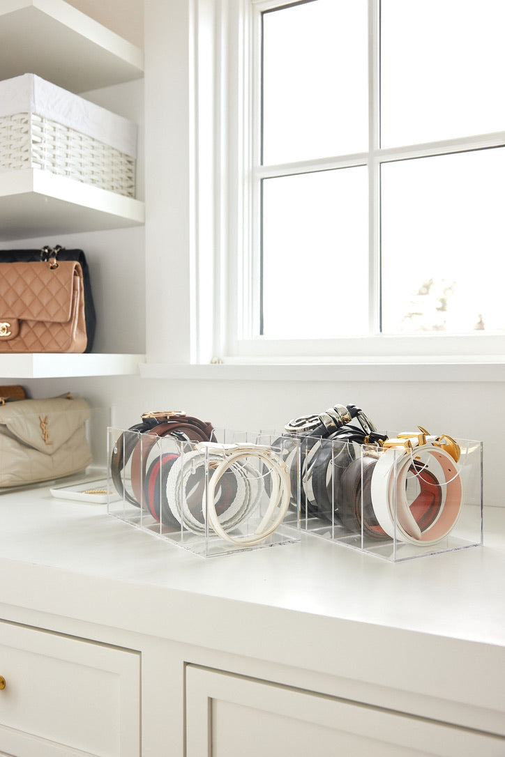 Clear acrylic belt organizer with multiple compartments