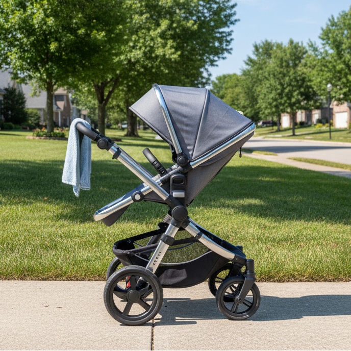 create an image of a stroller on a suburban neighborhood street with green grass