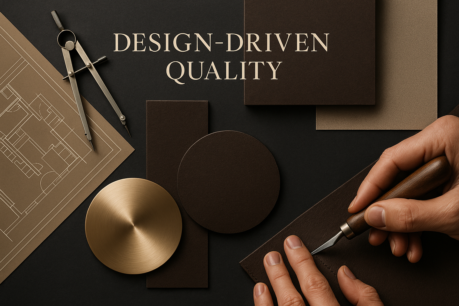 Design-driven quality theme with tools and materials on a dark surface.