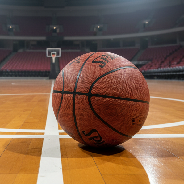 image of a basketball on the floor of an indoor basketball auditorium
