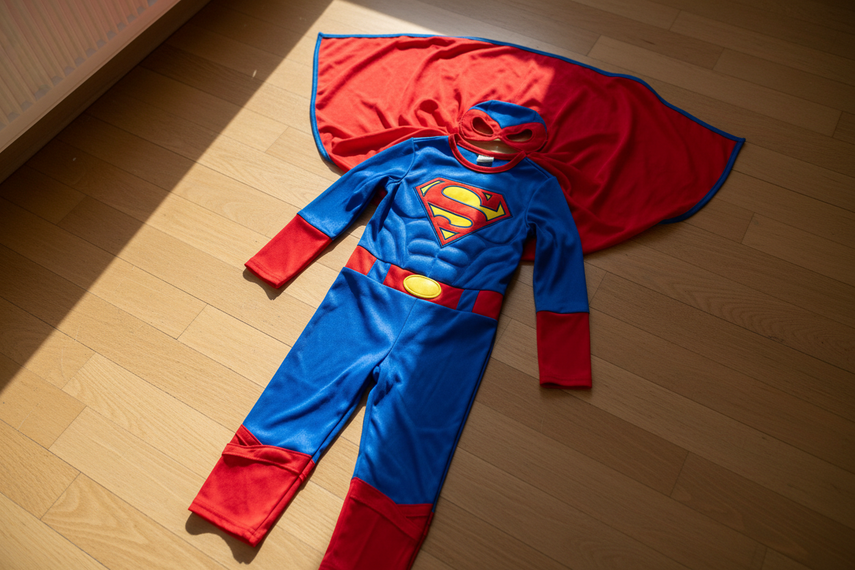image of super hero costume for kids on the floor--with an S as the symbol on front.