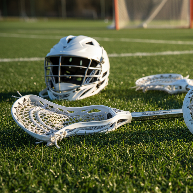 picture of lacrosse sticks on a grass field and lacrosse helmet